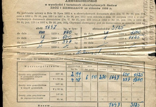 Nakaz obowiązkowych dostaw płodów rolnych w 1959r.