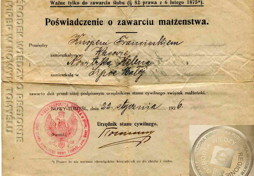 Poświadczenie o zawarciu małżeństwa - 1926 r.