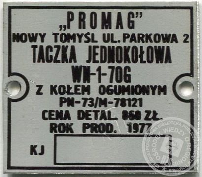 Tabliczka metalowa montowana na wyroby PROMAG-u ze zbiorów Edmunda Żurka